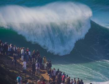spectators watching big wave surf
