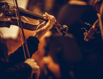 close up image of a person playing a violin in an orchestral setting