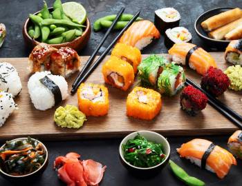 display of many different sushi rolls