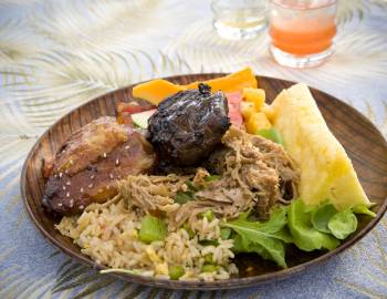Plate of chicken, rice and pineapple 