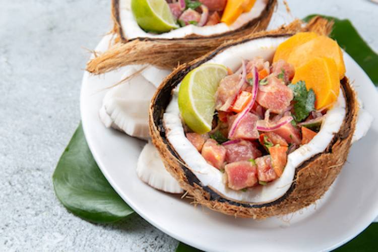 Hawaiian Tuna Ceviche in bowls made of coconut shells