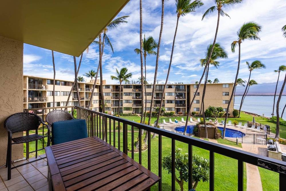 view from balcony of a maui condo with the ocean in the background